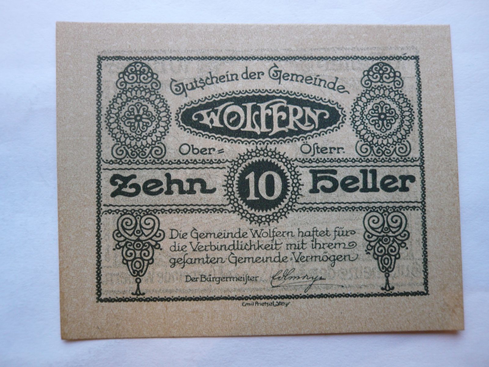10 Heller, 1920 Wolfern, Rakousko