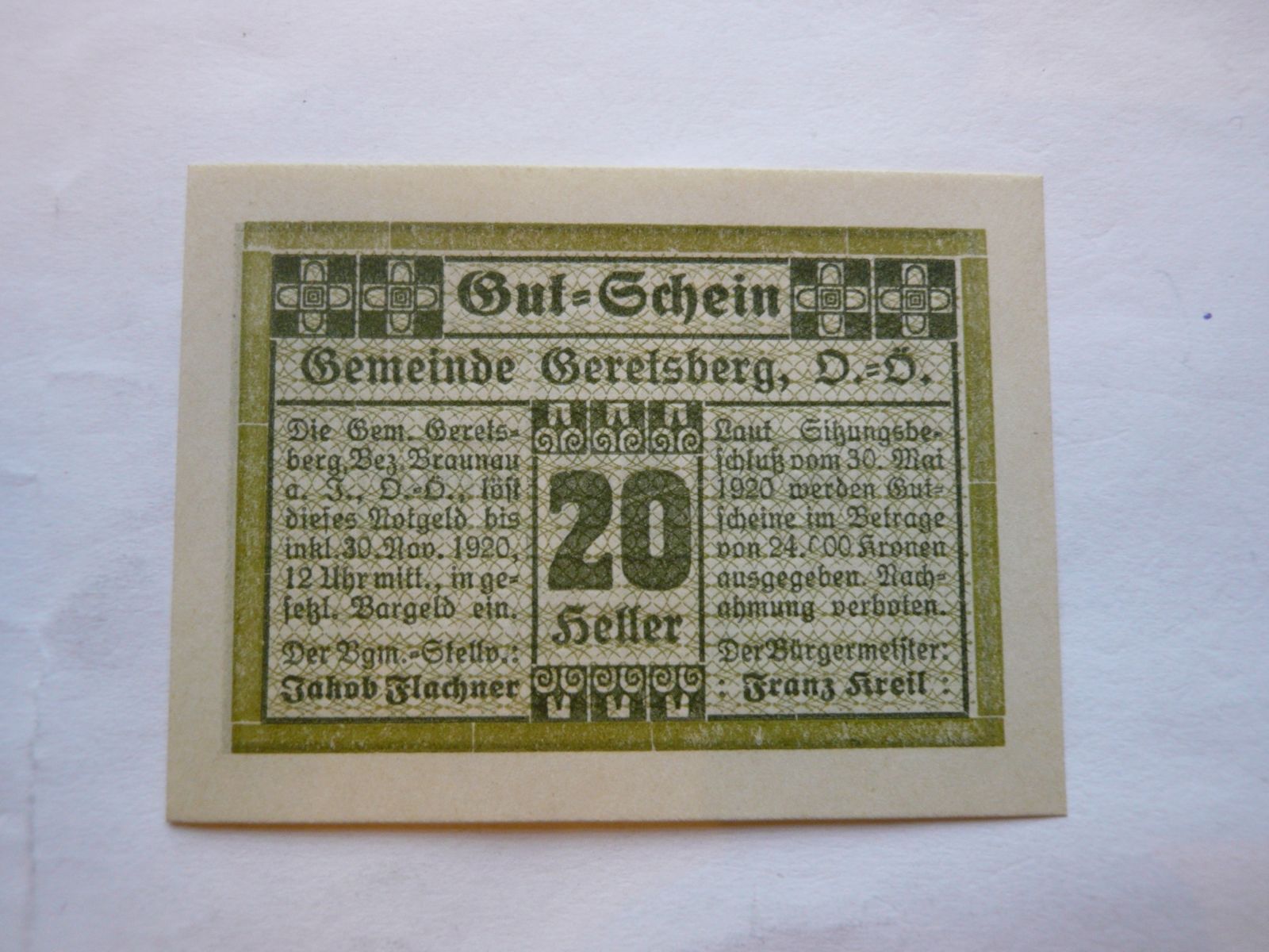 20 Heller, Werelsberg 1920 Rakousko