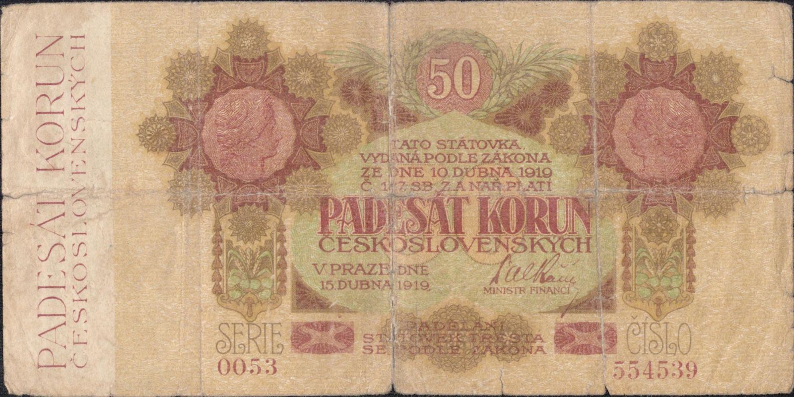 50Kč/1919/, stav 4-, série 0053