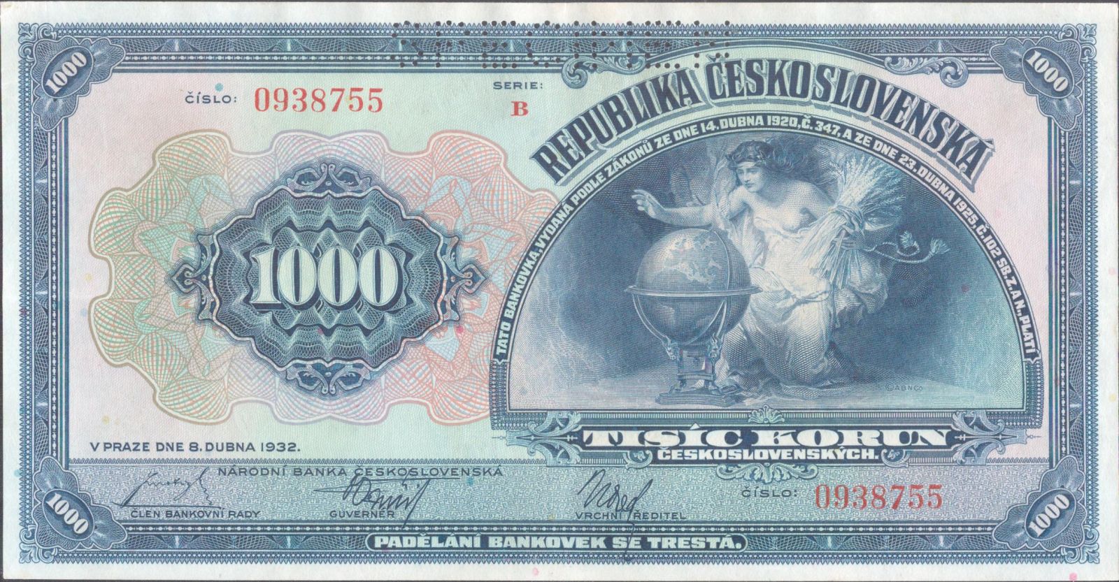 1000Kč/1932/, stav 1 perf. SPECIMEN, série B