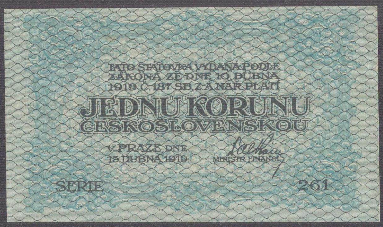 1Kč/1919, stav 0, série 261 - modrozelená