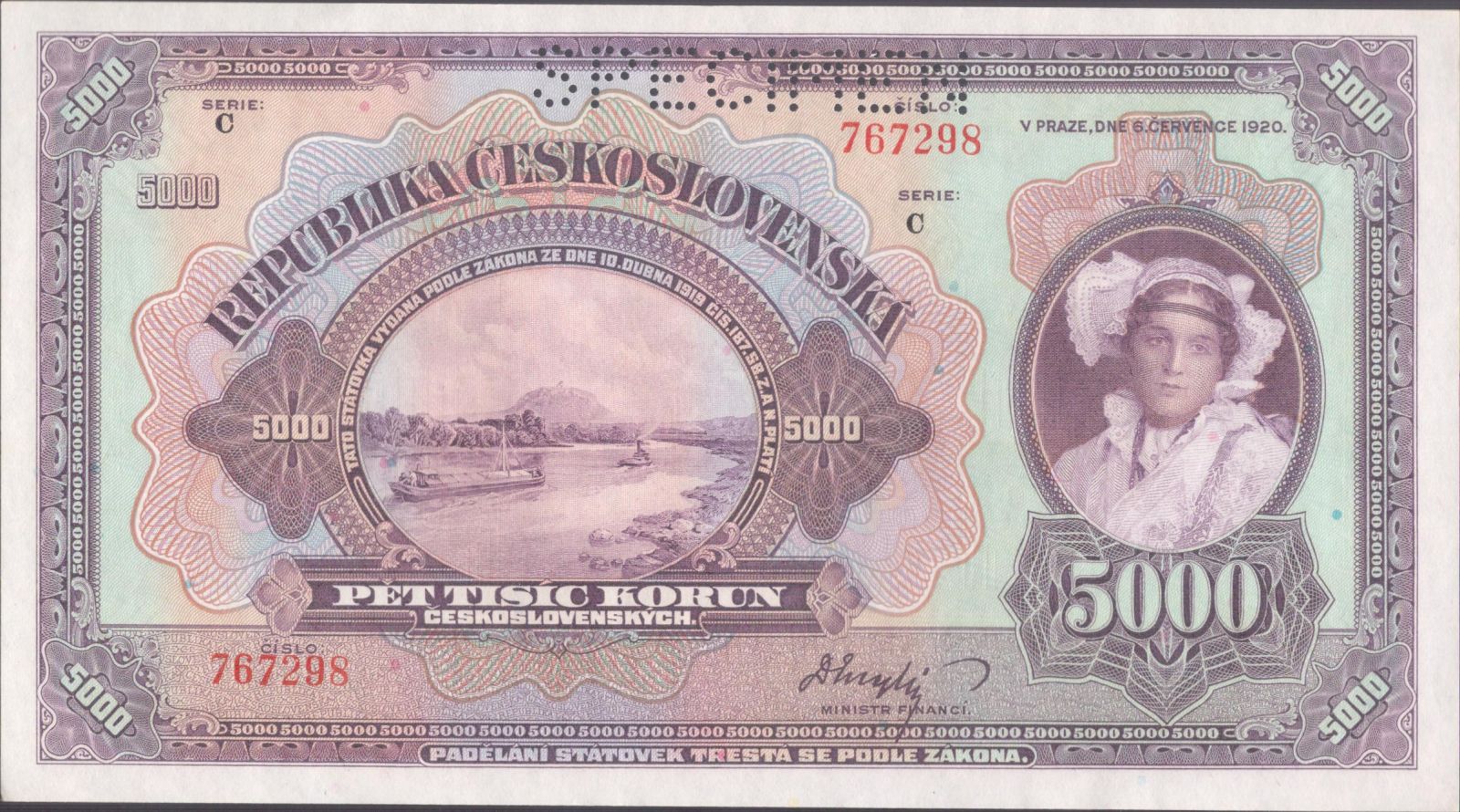 5000Kč/1920/, stav UNC perf. SPECIMEN, série C