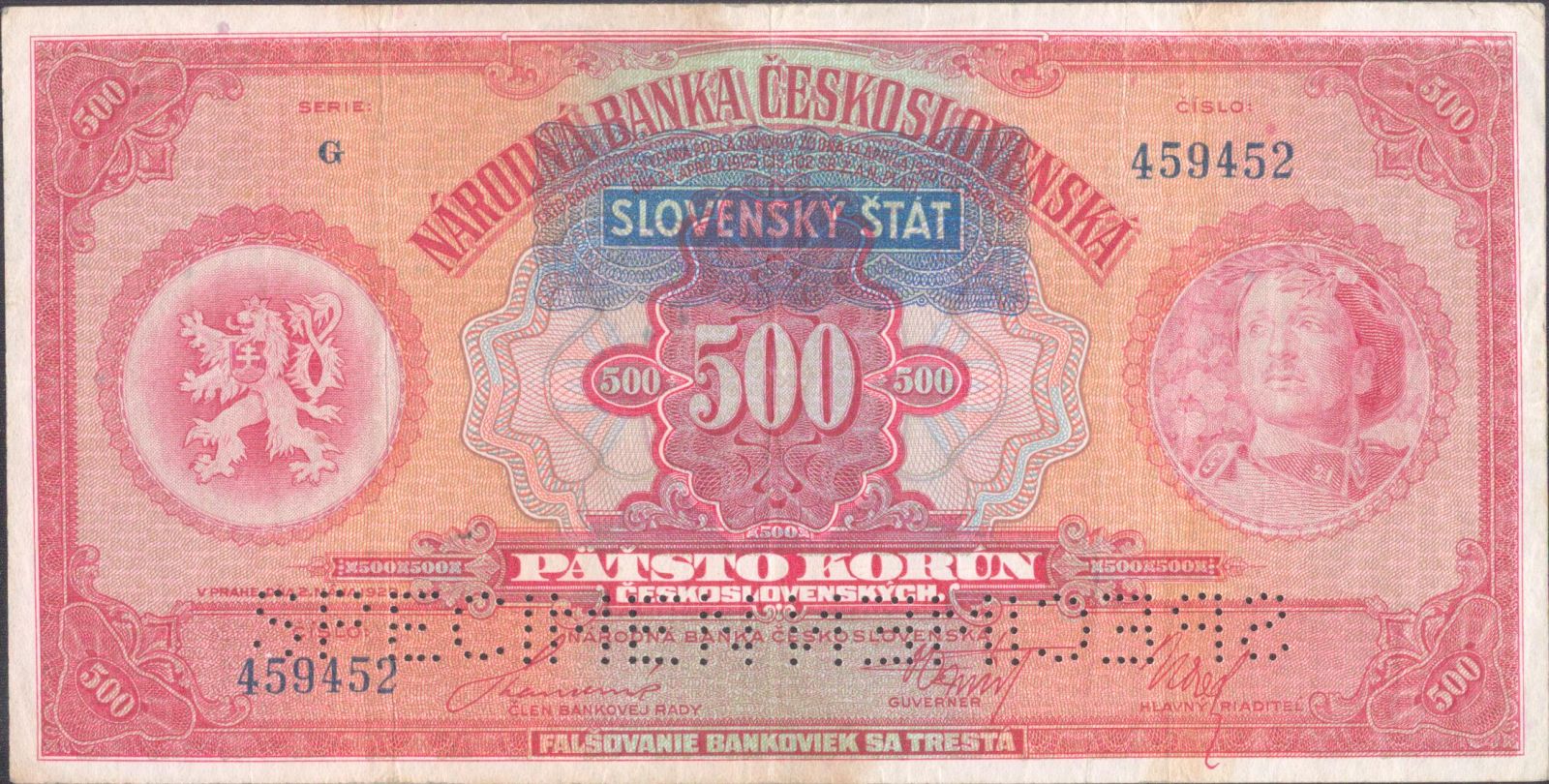 500Ks/1929-39, přetisk Slovenský Štát/, stav 3 perf. 2x SPECIMEN dole, série G