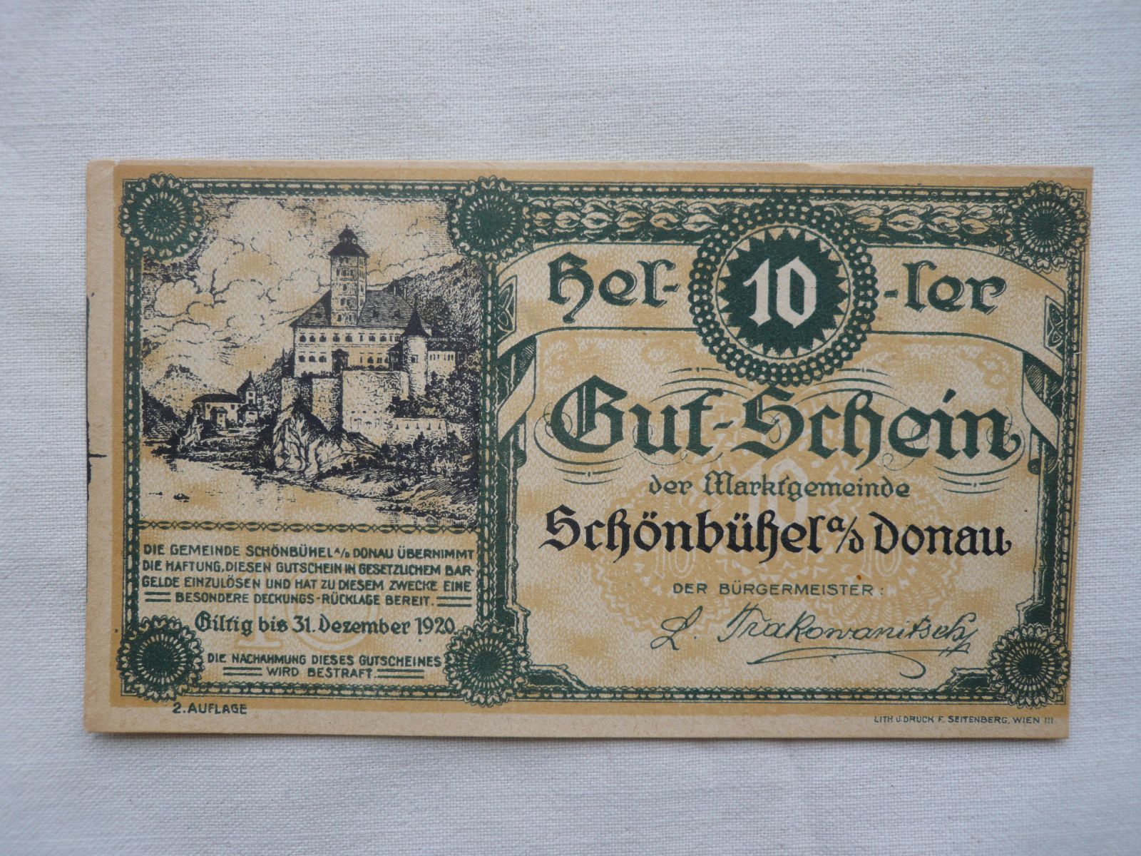 10 Heller, Gutschein, 1920, Rakousko