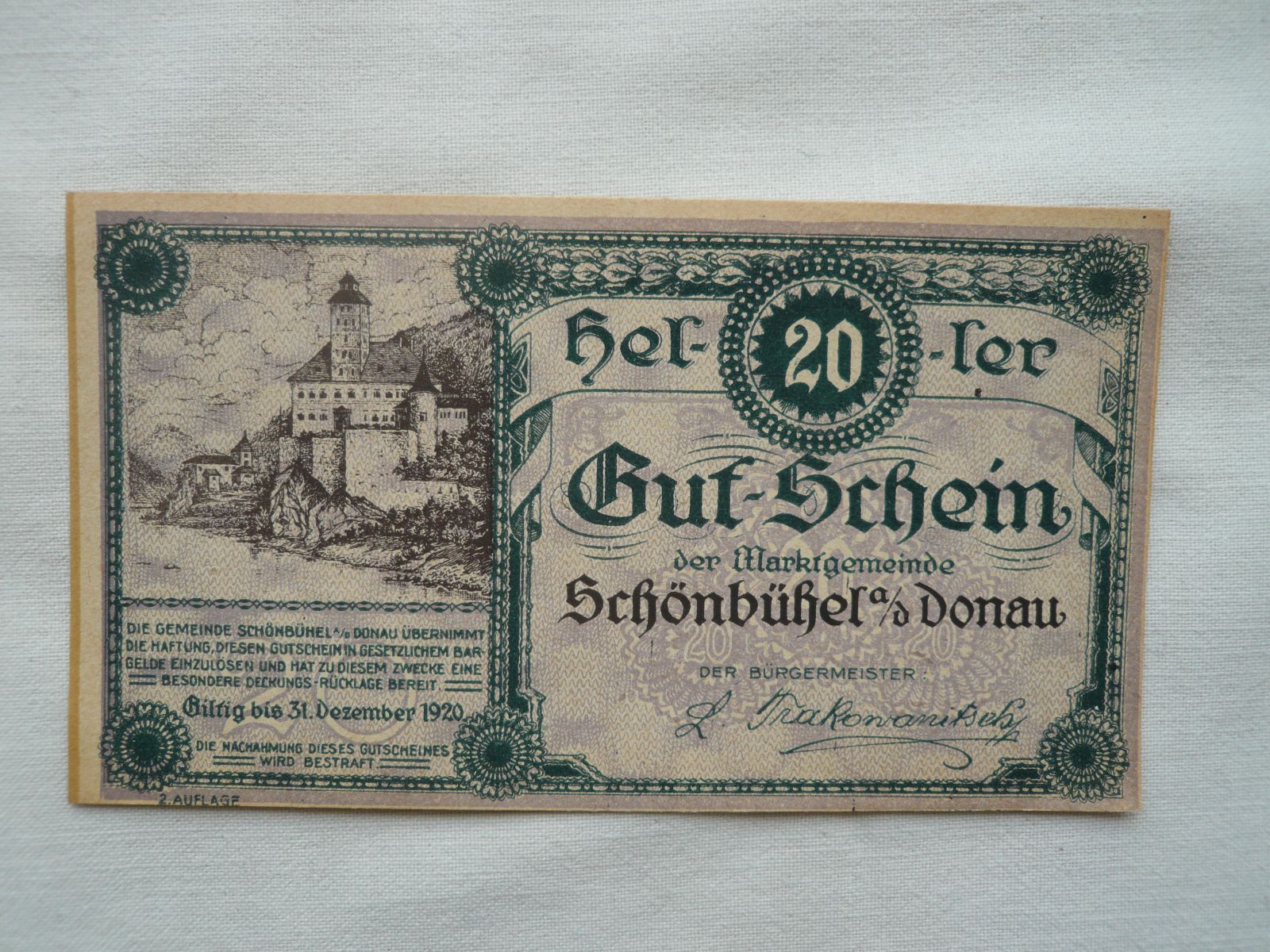 20 Heller, Gutschein, 1920 zelená, Rakousko