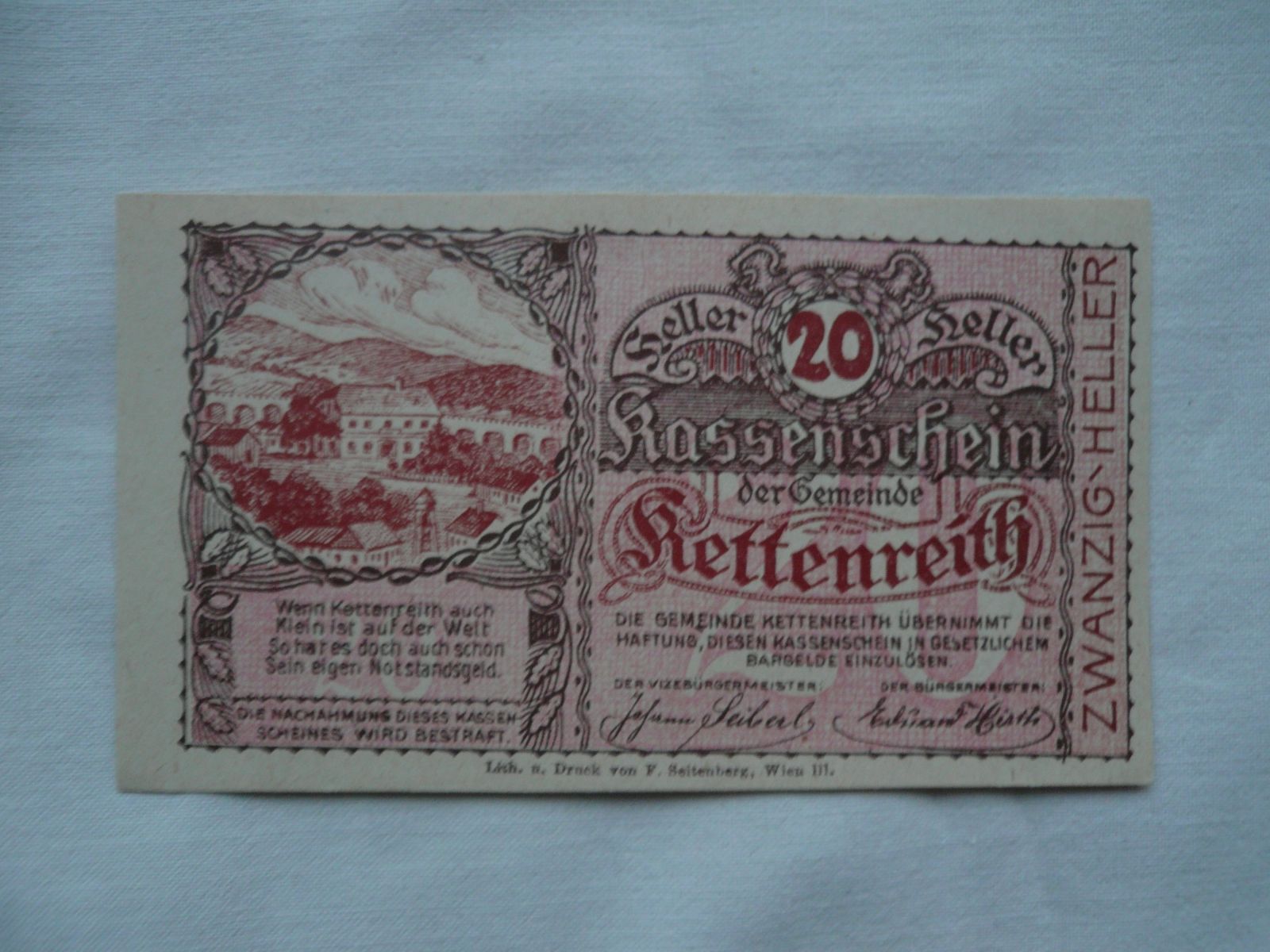 20 Heller, Kassenschein 1920 Rakousko