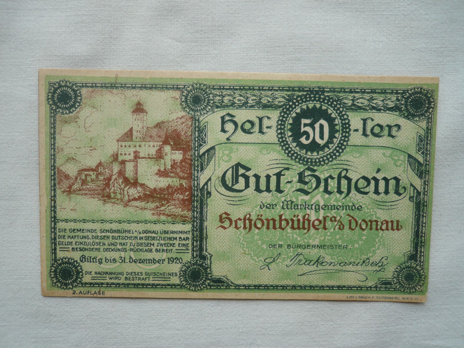 50 Heller, Gutschein, 1920 zelená Rakousko